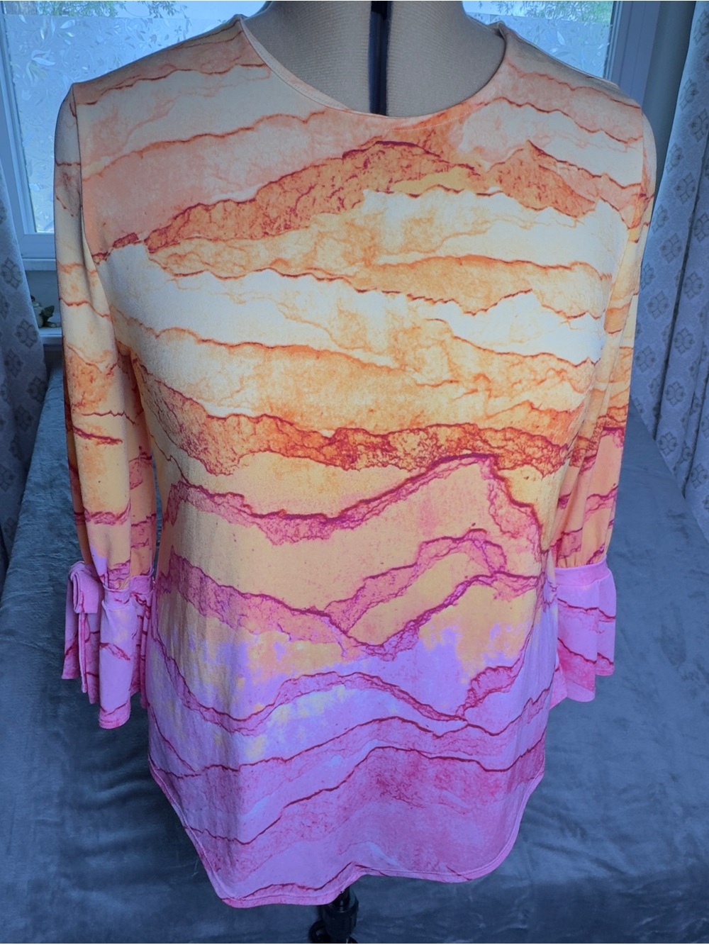 Alfani Pink and Orange Wave-Print Tie-Sleeve Blouse